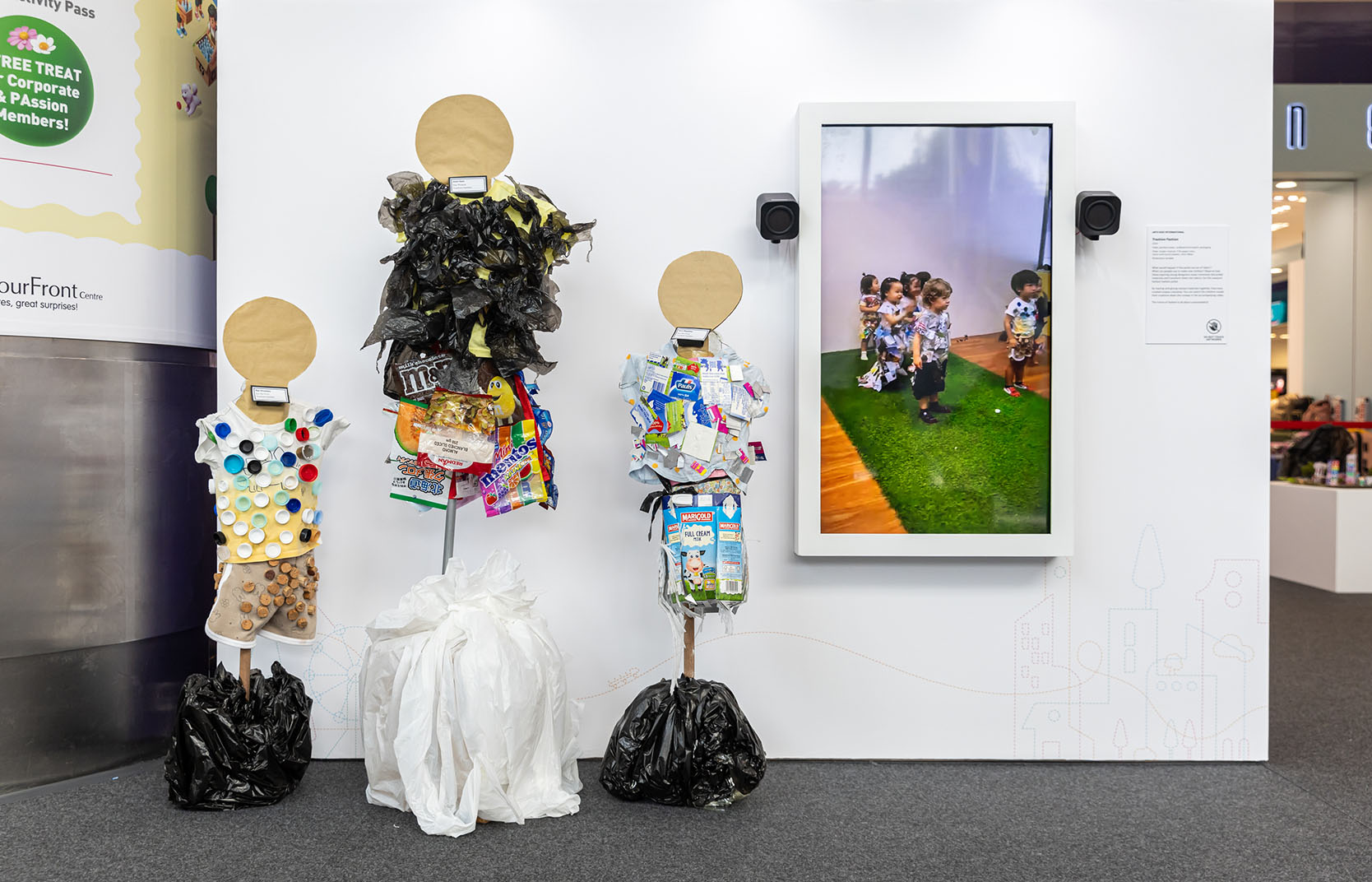 Installation view of ‘Trashion Fashion’, by students from Arts Kidz International. Image courtesy of Singapore Art Museum